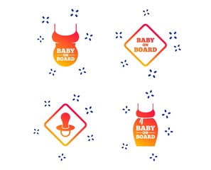 Baby on board icons. Infant caution signs. Child pacifier nipple. Pregnant woman dress with big belly. Random dynamic shapes. Gradient caution icon. Vector