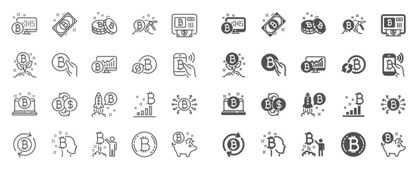 Cryptocurrency line icons. Set of Blockchain, Crypto ICO start up and Bitcoin icons. Mining, Cryptocurrency exchange, gold pickaxe. Bitcoin ATM, crypto coins, financial ico markets, blockchain