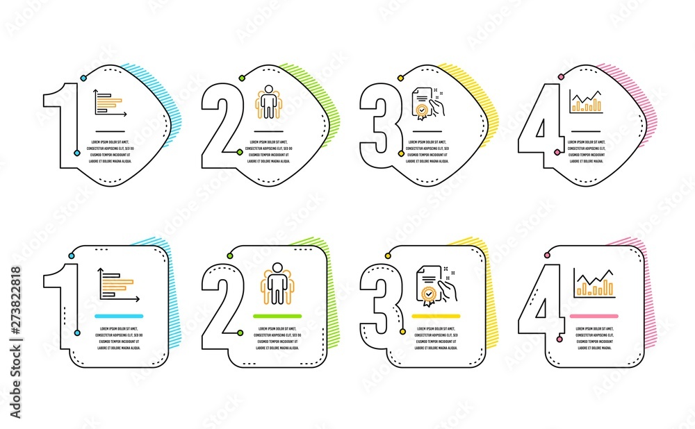 Poster group, horizontal chart and certificate icons simple set. infochart sign. managers, presentation gra