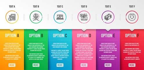 Finance calculator, Bitcoin project and Graph laptop icons simple set. Travel loan, Usd currency and Download arrow signs. Calculate money, Cryptocurrency startup. Finance set. Infographic template