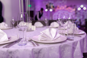 Beautiful table setting with crockery for a party, wedding reception or other festive event....