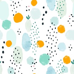 Abstract seamless pattern with dots and colorful spots. Vector illustration on white background.