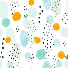 Sierkussen Abstracte naadloze patroon met stippen en kleurrijke vlekken. Vectorillustratie op witte achtergrond. © Nikole