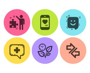 Leaves, Smile and Love chat icons simple set. Medical chat, Strategy and Synchronize signs. Grow plant, Positive feedback. Business set. Flat leaves icon. Circle button. Vector