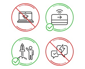 Do or Stop. Contactless payment, Launch project and Website education icons simple set. Lightning bolt sign. Financial payment, Business innovation, Video learning. Messenger. Education set. Vector