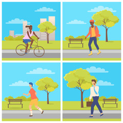 Woman driving on bicycle, person on roller-skates, worker in suit going with phone, running human, sport activity and leisure in urban park vector