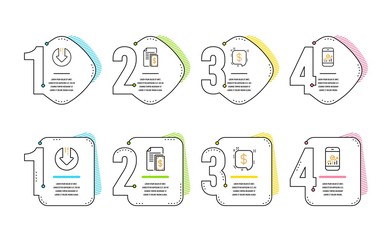 Payment, Payment message and Download arrow icons simple set. Smartphone statistics sign. Cash money, Finance, Crisis. Mobile business. Finance set. Infographic timeline. Line payment icon. Vector