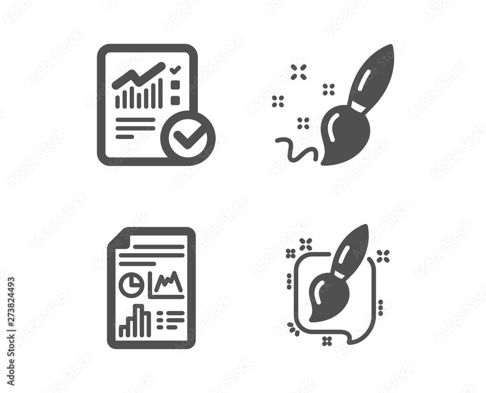 Poster set of checked calculation, paint brush and report document icons. painting brush sign. statistical 