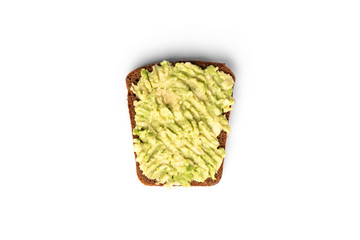 Bread with avocado isolated on white background.