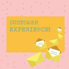 Text sign showing Customer Experience. Business photo showcasing product of interaction between organization and buyer Closed and Open Envelopes with Letter Tucked In on Top of Color Stationery