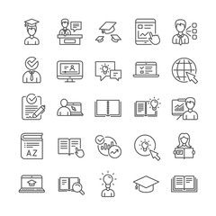 Education line icons. Laptop, College book and Video Tutorial icons. Graduation cap, Instructions and Presentation. Education or Lectures book, Charts. Laptop, tablet device. Video tutorial. Vector