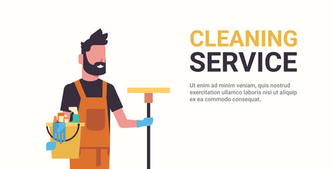 man janitor holding bucket with tools and mop cleaning service concept smiling male worker portrait horizontal copy space flat