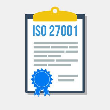 information security management system certificate in clipboard, flat vector illustration