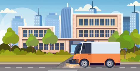 Obraz na płótnie Canvas street sweeper truck machine cleaning process industrial vehicle urban road service concept modern cityscape background horizontal flat