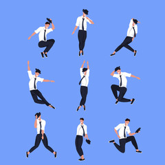 set businessman dancer in different poses male cartoon character dancing collection blue background flat full length