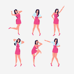 set woman standing in different poses collection smiling female cartoon character posing white background flat full length