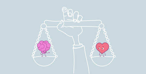 hand holding balance scale human brain and heart couple logic and feel concept pink cartoon characters kawaii style horizontal sketch hand drawn