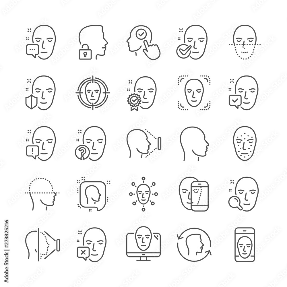 Poster face recognition line icons. set of scanning, facial biometrics detection and unlock system icons. f