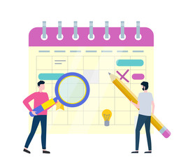 Men back view holding loupe and pencil, people standing near notebook list decorated by star, cross and lines, light bulb, workers and paper vector