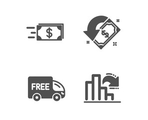 Set of Free delivery, Money transfer and Cashback icons. Decreasing graph sign. Shopping truck, Cash delivery, Receive money. Column chart.  Classic design free delivery icon. Flat design. Vector