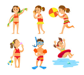 Fototapeta premium Children on summer vacation vector, isolated kids boys and girls wearing swimming suits and playing games. Volleyball and snorkelling, kiddo with towel