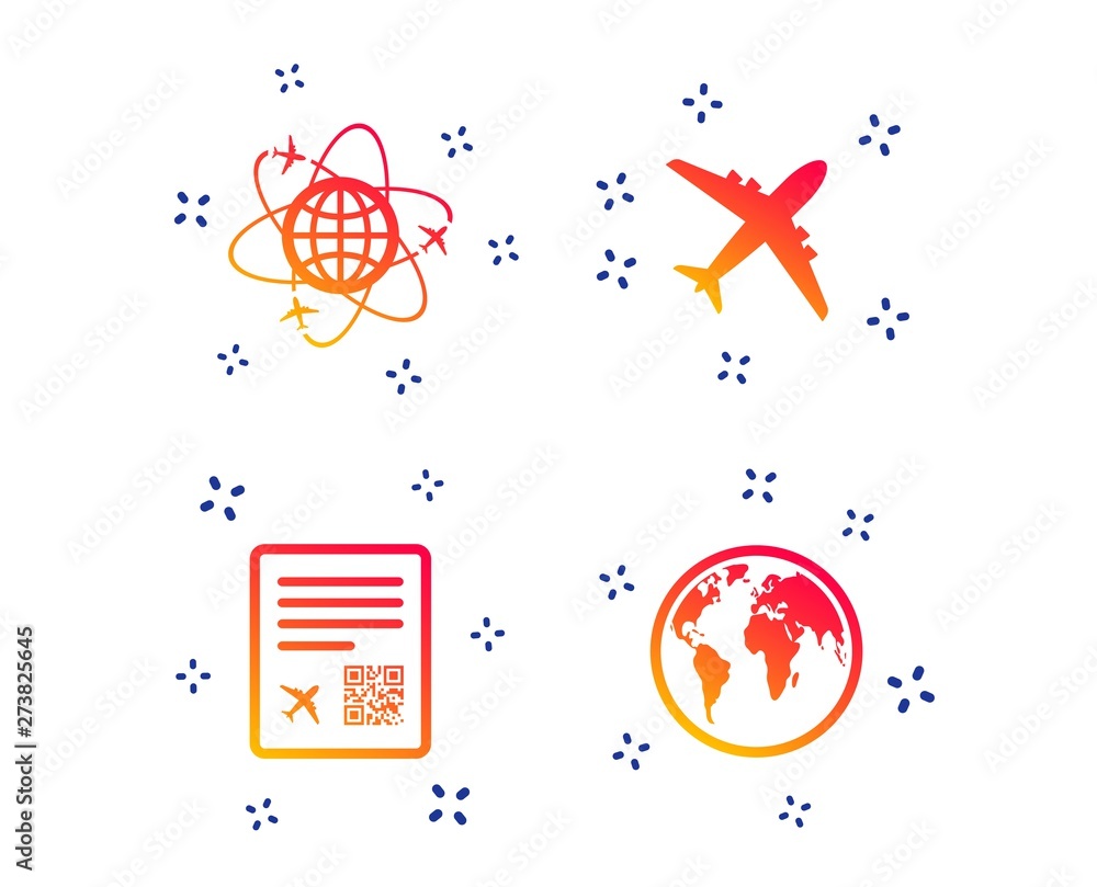 Poster airplane icons. world globe symbol. boarding pass flight sign. airport ticket with qr code. random d
