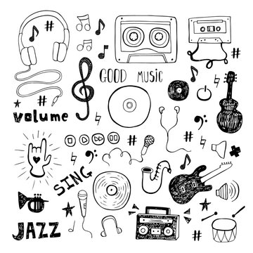 Set of music doodle isolated on white background