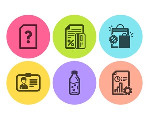 Identification card, Shopping bags and Water bottle icons simple set. Credit card, Unknown file and Report signs. Person document, Sale discount. Business set. Flat identification card icon. Vector