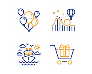 Balloons, Ship travel and Roller coaster icons simple set. Shopping cart sign. Air balloons, Cruise transport, Attraction park. Gift box. Holidays set. Linear balloons icon. Colorful design set