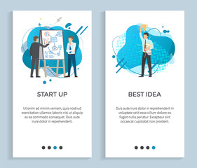 Best idea vector, man with lightbulb having solution for problem in business. Startup presentation of thoughts and plans on whiteboard colleagues. Website or app slider, landing page flat style