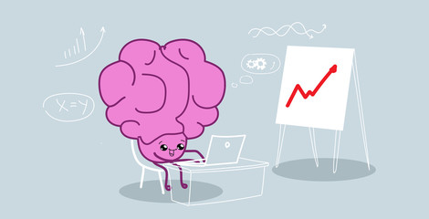 cute human brain using laptop analyzing financial graph on flip chart brainstorming concept pink cartoon character kawaii style horizontal