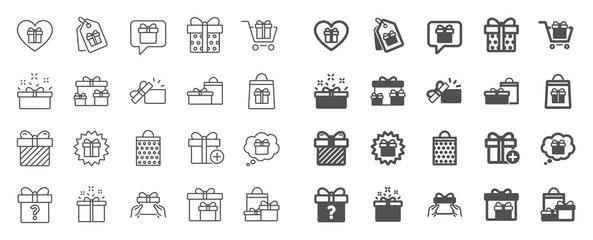 Gift line icons. Present box, Offer and Sale. Shopping cart, Tag and Chat. Speech bubble, Give a gift box, question mark, birthday discount. Shopping sale cart, present tag, delivery. Quality sign set