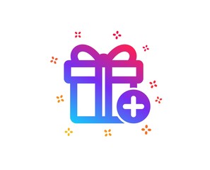 Add Gift box icon. Present or Sale sign. Birthday Shopping symbol. Package in Gift Wrap. Dynamic shapes. Gradient design add gift icon. Classic style. Vector