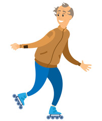 Portrait view of smiling old man character rollerblading, aged male wearing casual clothes and roller skating, activity pensioner on wheels, active vector