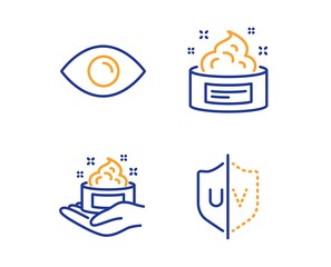 Eye, Skin care and Skin cream icons simple set. Uv protection sign. View or vision, Hand cream, Medical cosmetic. Ultraviolet. Medical set. Linear eye icon. Colorful design set. Vector