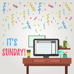 Writing note showing It S Sunday. Business concept for day of week between Saturday and Monday rest in most countries photo of Interior Working Space Station Concept of Technical Person