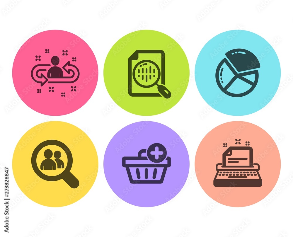Poster pie chart, search employees and analytics chart icons simple set. recruitment, add purchase and type