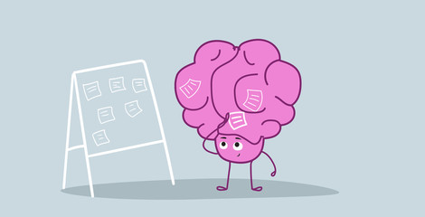 human brain scheduling work agenda on task board with sticky notes planning concept pink cartoon character kawaii style horizontal hand drawn