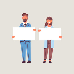 businesspeople man woman holding empty blank signboard business partners couple showing blank white cardboard advertisement concept flat full length