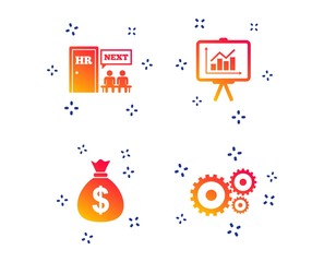 Human resources icons. Presentation board with charts signs. Money bag and gear symbols. Man at the door. Random dynamic shapes. Gradient human resources icon. Vector
