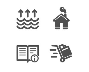 Set of Home, Evaporation and Technical info icons. Push cart sign. House building, Global warming, Documentation. Express delivery.  Classic design home icon. Flat design. Vector