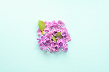 Lilac flowers and leaves in the shape of a square on a mint background.