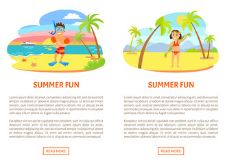Summer fun poster of boy wearing underwater mask, flippers and inflatable circles. Girl in swimsuit holding towel on back, portrait view of children vector