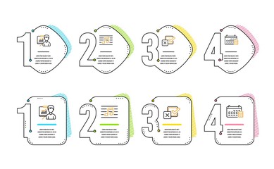 Musical note, Presentation and Checkbox icons simple set. Calendar sign. Music, Education board, Survey choice. Calculator device. Infographic timeline. Line musical note icon. 4 options or steps