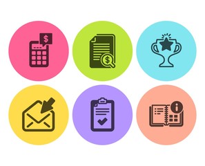 Checklist, Calculator and Victory icons simple set. Financial documents, Open mail and Instruction info signs. Survey, Money management. Education set. Flat checklist icon. Circle button. Vector
