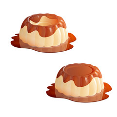 Homemade vanilla pudding with caramel sauce. Set of sweet custard jelly desserts. Vector illustration isolated on white background.