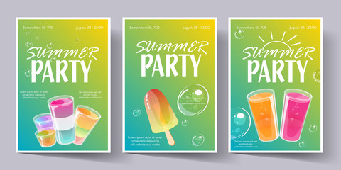 Summer party concept. Template set for invitation flyer, banner or poster. Colorful jelly and cocktail shots and bubbles on bright violet background. Vector illustration.