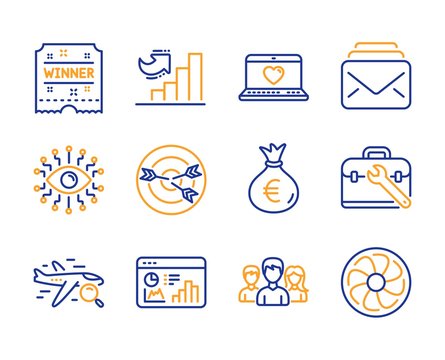 Winner ticket, Mail and Money bag icons simple set. Search flight, Web love and Seo statistics signs. Tool case, Targeting and Growth chart symbols. Line winner ticket icon. Colorful set. Vector