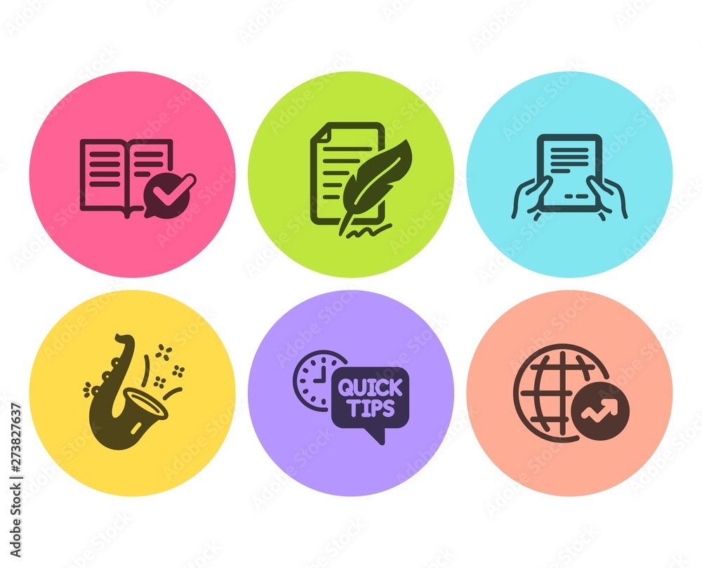 Poster feather signature, jazz and quick tips icons simple set. receive file, approved documentation and wo