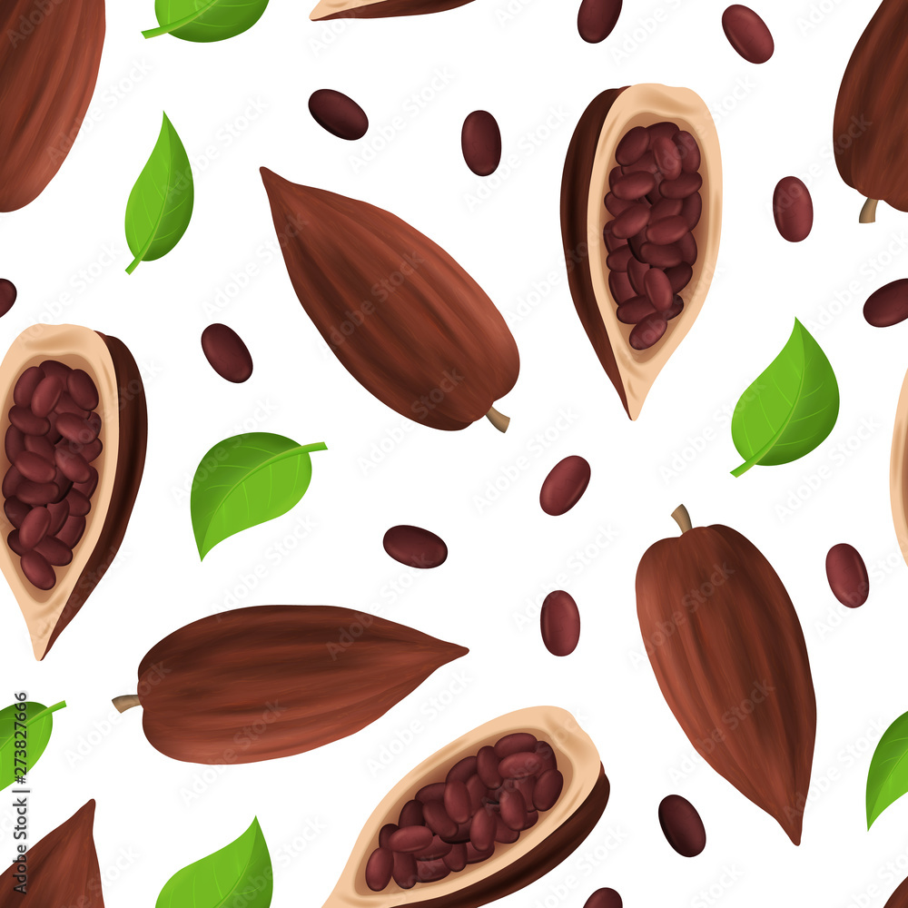 Poster realistic detailed 3d dry cocoa pods seamless pattern background. vector